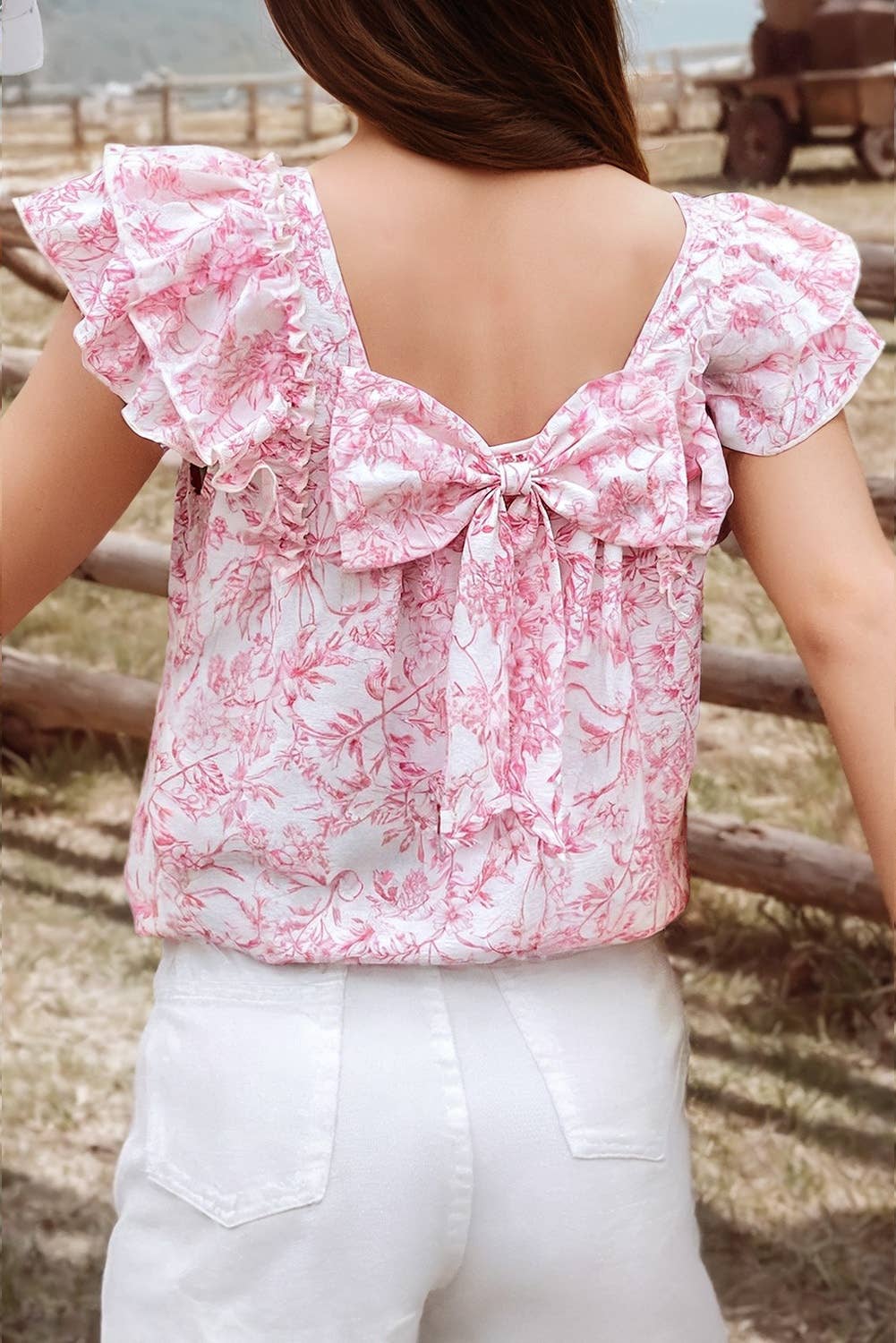 Pink Floral Bow Back Top