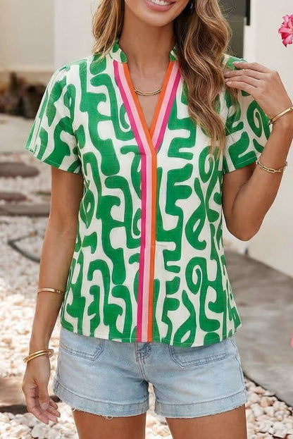 Abstract Print Striped Trim V Neck Short Sleeve Blouse
