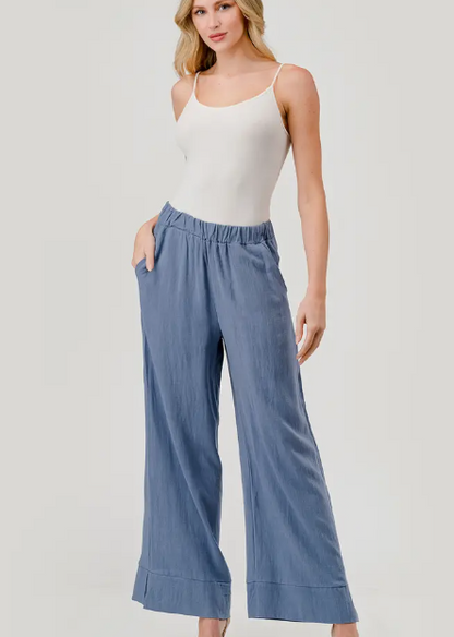 Denim Blue Linen Blend Wide Leg Cropped Pants