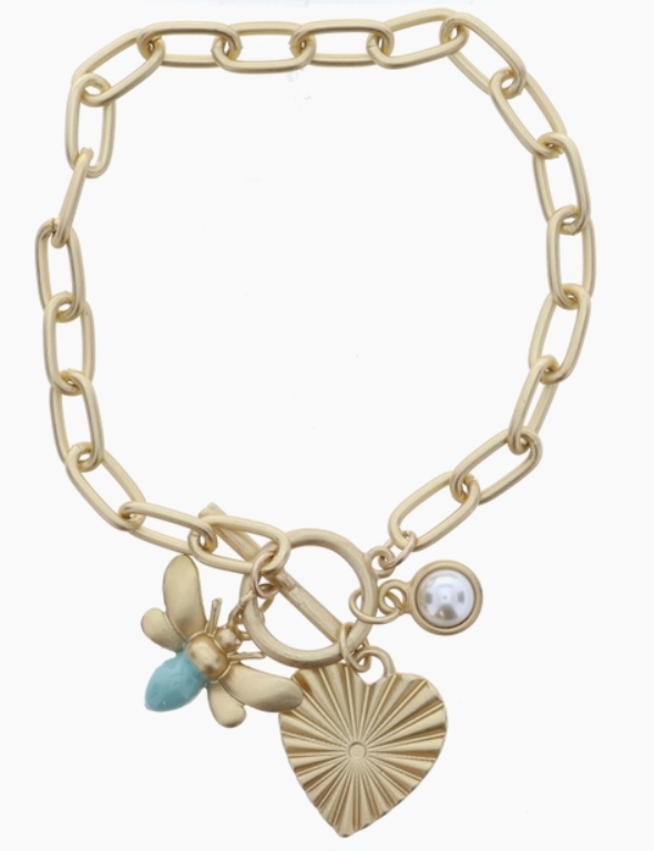 Mint Bee, Textured Heart, and Cabachon Pearl Bracelet