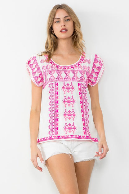 Embroidered Pink Woven Top