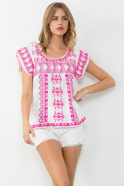 Embroidered Pink Woven Top