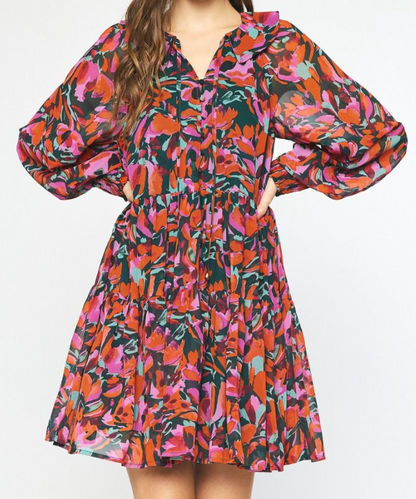 Red Printed Long Sleeve Tiered Dress