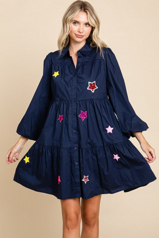 Star Textured Button-Up Tiered Dress