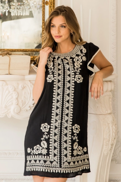 Embroidered Flutter Sleeve Dress