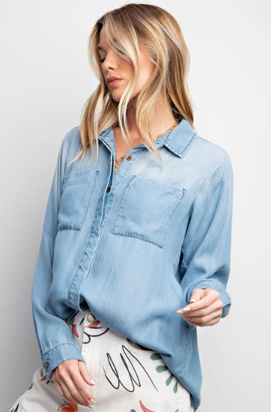 Washed Denim Button Down Top